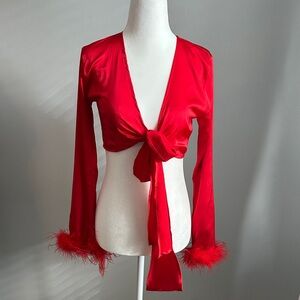 Chic Red Feather-Trimmed Women's Blouse
